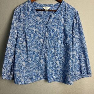 Cj Banks Abstract Leaf Breezy Cotton‎ Blouse Button Down Modern Natural Print 1X
